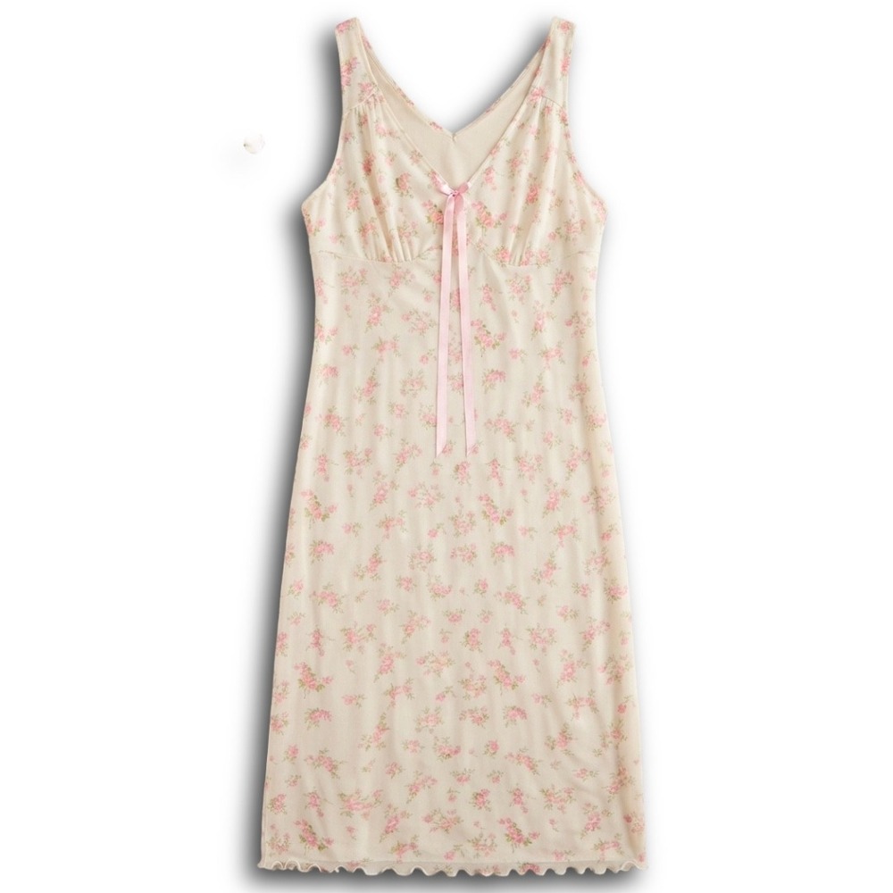 SHEIN Curve Floral V-Neck Midi Dress Cream Pink Bow Lettuce Hem Plus Size 4XL